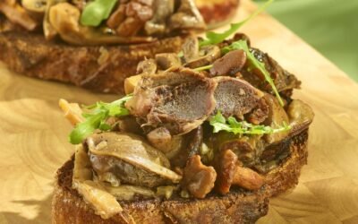 Tartine de gésiers de canard et champignons, salade de saison